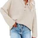 Pink Queen Women's V Neck Button Sweater Oversized Batwing Long Sleeve Henley Pullover Knit Jumper Top (Medium, Beige)