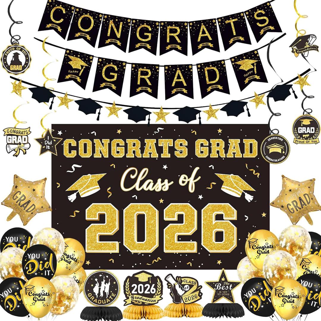 2 x Graduation Decorations Class of 2026, Black and Gold Grad Party Supplies with Congrats Grad Banner, Backdrop, Hanging Swirls, Balloons & Honeycomb for High School & College Graduation