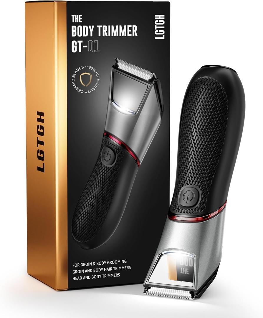 Body Hair Trimmer for Men: Pubic Hair Trimmer with Mirror & LED Light - Electric Ball Shavers with Ceramic Blades & Travel Lock - Body Groomer IPX7 Waterproof Wet/Dry Use for Groin/Chest/Legs (Deep Black)