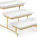 MALACASA 3 Tier Serving Trays for Party, 12 Inch Porcelain White Trays for Serving Food, Dessert Stand with Collapsible Gold Metal Rack