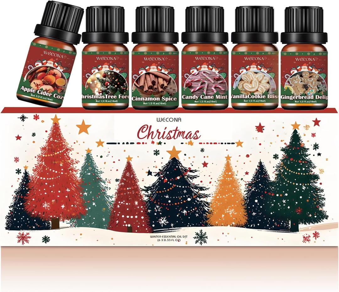 Christmas Essential Oils for Diffuser - Holiday Essential Oils Gift Set, 6 x 10ml Christmas Scents Including Gingerbread, Candy Cane, Apple Cider and More - Winter Diffuser Oils for Home