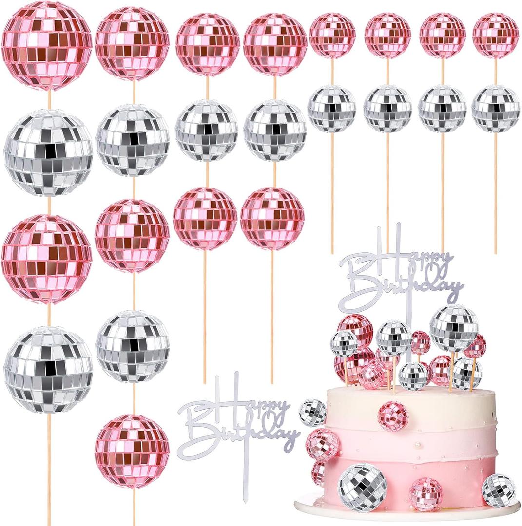 Teenyyou 24 Pcs Disco Ball Cupcake Toppers Happy Birthday Cake Topper 1970s Retro Cake Decorations Shiny Pink Mini Disco Ball Toppers for 70s 80s Theme Party Supplies(Pink and Silver)