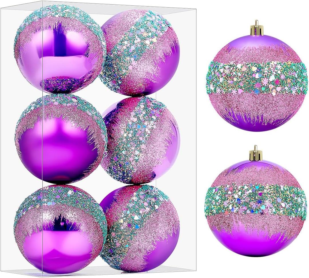 6 PCS Christmas Balls Ornaments, 3.15-Inch Hanging Balls, Plastic Decorative Hanging Ornaments Purple and Turquoise Glitter, Baubles Set for Xmas Tree Party Decoration