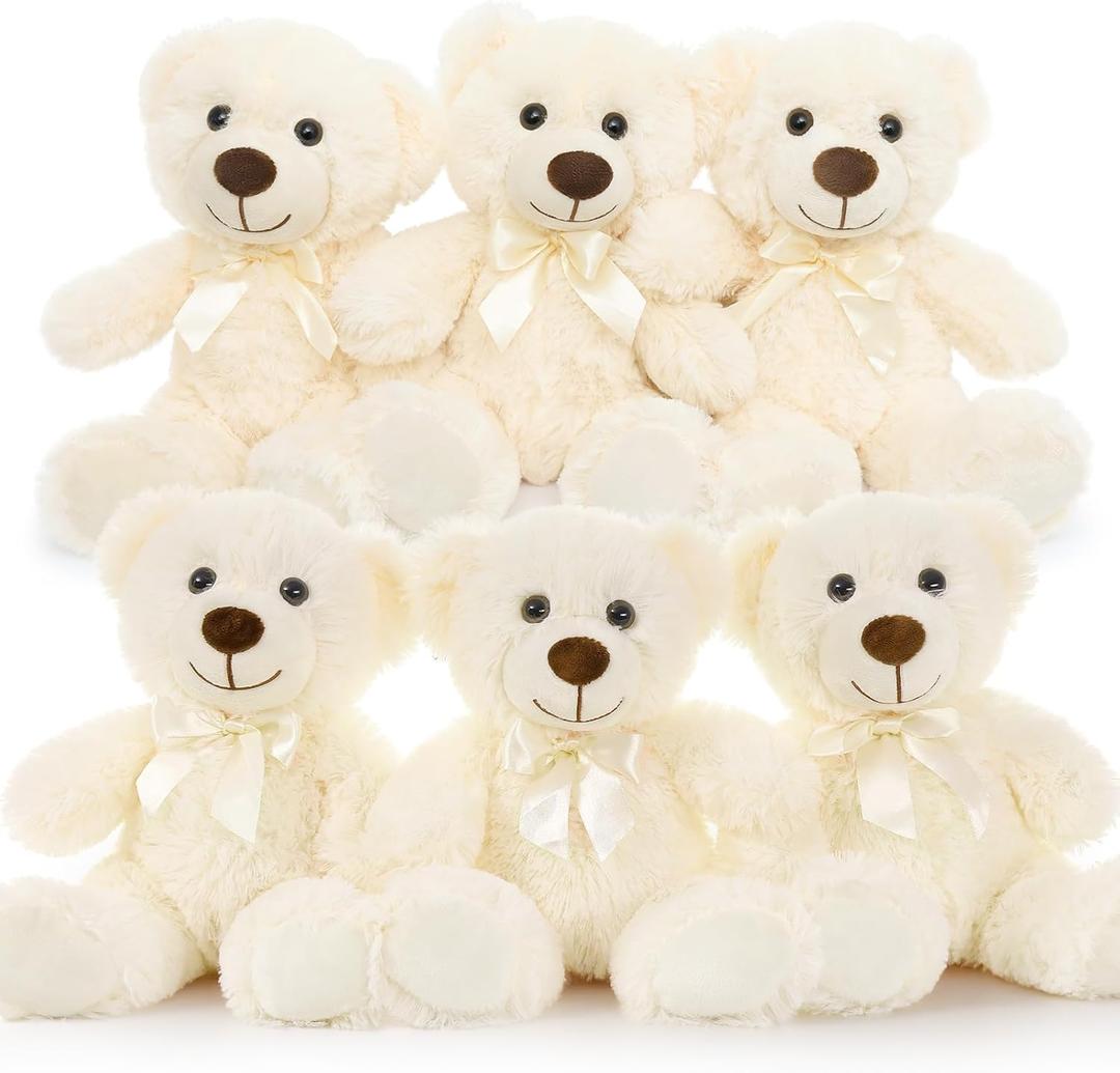 MorisMos 6Pcs White Teddy Bears Bulk Baby Shower, 14 Inch Cute Teddy Bear Stuffed Animals Plush, Small Stuffed Bears on Centerpiece Baby Shower Decoration, Gift for Party Birthday