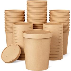 JOLLY PARTY 25pack 32oz Paper Soup Containers with Lids, Disposable Paper Food Cups, Ice Cream Cups, Food Storage with Lids, Microwavable and freezer safe, Suitable for Christmas Thanksgiving (Brown)