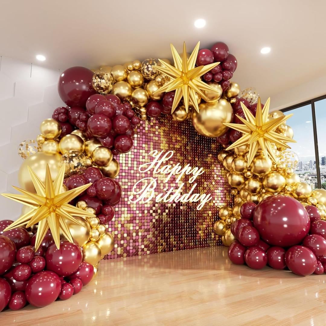 Burgundy Balloon Arch Kit, 140Pcs Burgundy Maroon Gold with Stars Balloon Garland kit, Different Size Balloons for Valentines Day Birthday Anniversary Bridal Shower Wedding Party Decorations