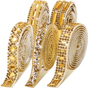 Xinnun 5 Rolls Crystal Shiny Rhinestone Ribbon Self-Adhesive Rhinestone Strips Ribbon Resin Diamond Bling for Art Craft DIY Party(Mixed Style,Tawny)
