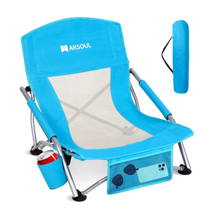 AKSOUL Folding Beach Chair for Adults: Low/High Back Chairs with Carry Bag - Extra Wide Seat Chair with Comfortable Pillow & Storage Pocket (1 Pack & 2 Pack, Blue)