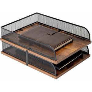 Set of 2 Vintage Wood & Metal Letter TrayDesk Organizers Paper TrayOffice File Organizer(Black)