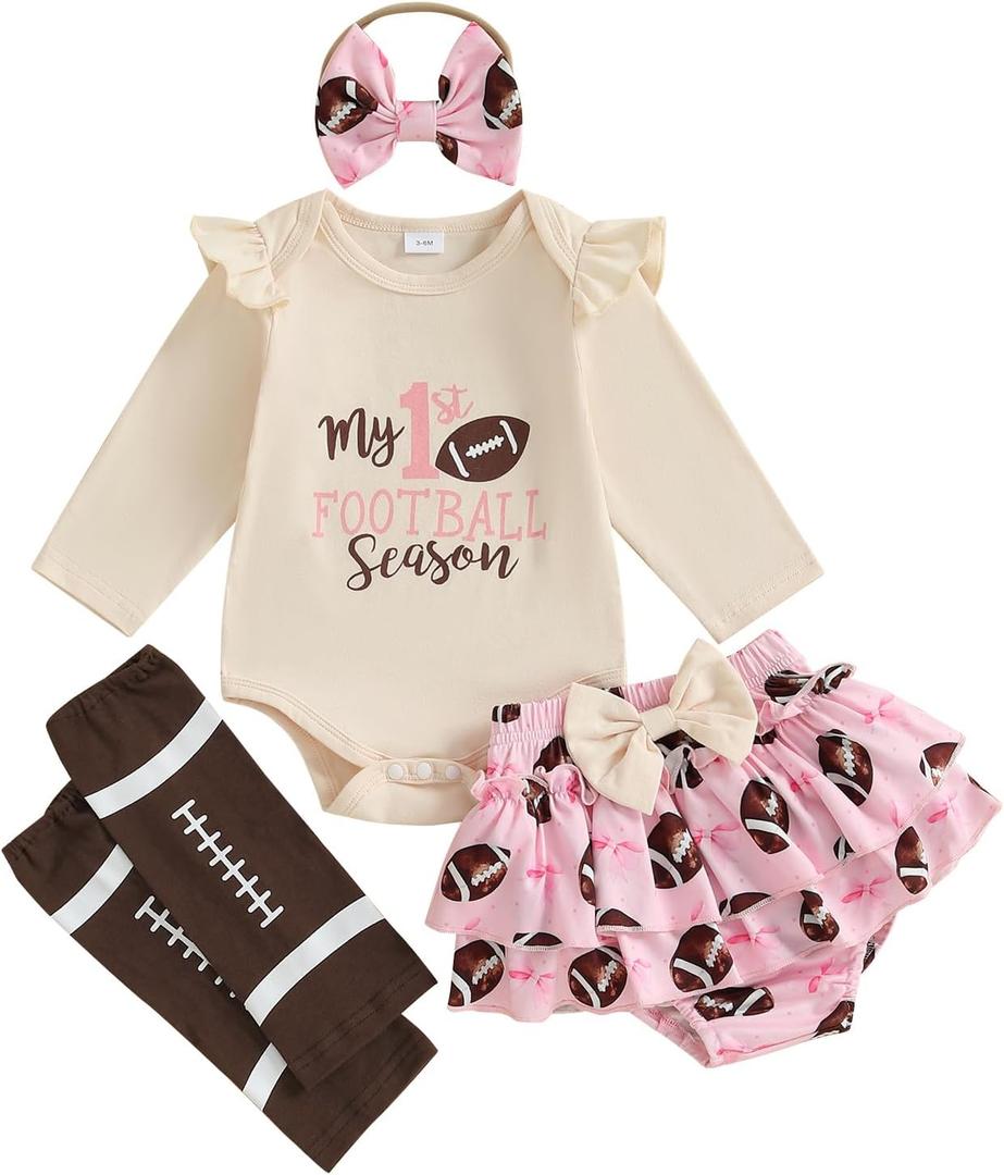 Newborn Baby Girl Football Outfit Game Day Rugby Print Romper with Tulle Skirt Set Headband 3Pcs Cute Summer Clothes (Beige)