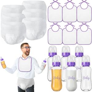 6 Sets Bottle Chug Baby Shower Games Juegos Para Plastic Baby Bottles Bibs Disposable Diapers Gender Reveal Games Baby Changing Diaper Race Game Decoration (Purple)