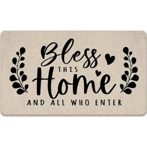 Bless This Home and All Who Enter Decorative Front Door Mat, Farmhouse Welcome Doormat Indoor Outdoor Non-Slip Floor Entryway Rug, Low Profile Rustic Home Kitchen Decoration 17x29 Inches
