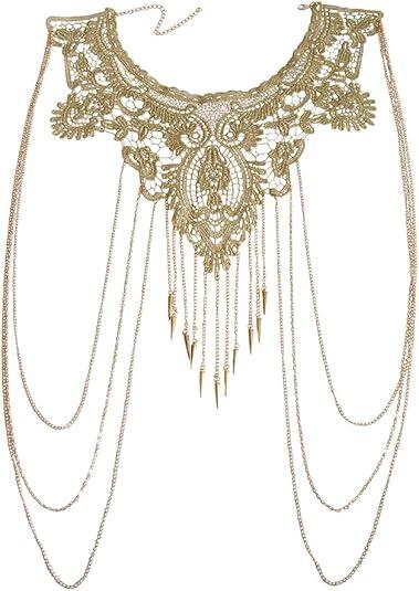 Boho Gold Body Chains Sexy Lace Shoulder Necklace Chain Bikini Rhinestone Bra Chain Rave Costume Party Body Jewelry for Women