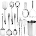 COOK WITH COLOR Kitchen Utensil Set - premium Nonstick & Heat Resistant Kitchen Gadgets, Turner, Spaghetti Server, Serving Spoons, Whisk, Tongs, Masher & Utensil Holder, 10-piece Stainless Steel