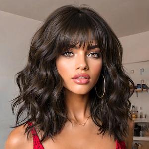 Wavy Wig with Bangs Olive Brown Bob Curly Hair Wigs for Women Realistic Shoulder Length Style Synthetic Heat Resistant Wig Suitable for Wear for Beginners