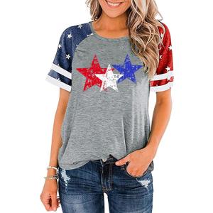 American Flag Shirt Women 4th of July Shirts USA Flag Graphic Patriotic Tshirt Raglan Color Block Tops, Size 2XL