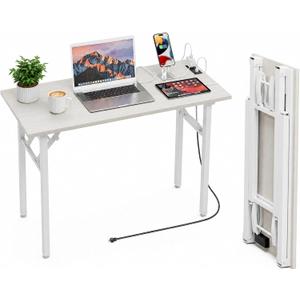 Folding Table Computer Desk - 43.3" No Assembly Folding Desk with Power Outlets & USB Charging Port, Small Desk, Foldable Office Desk, Compact Storage Portable Use for Small Space, White Ash