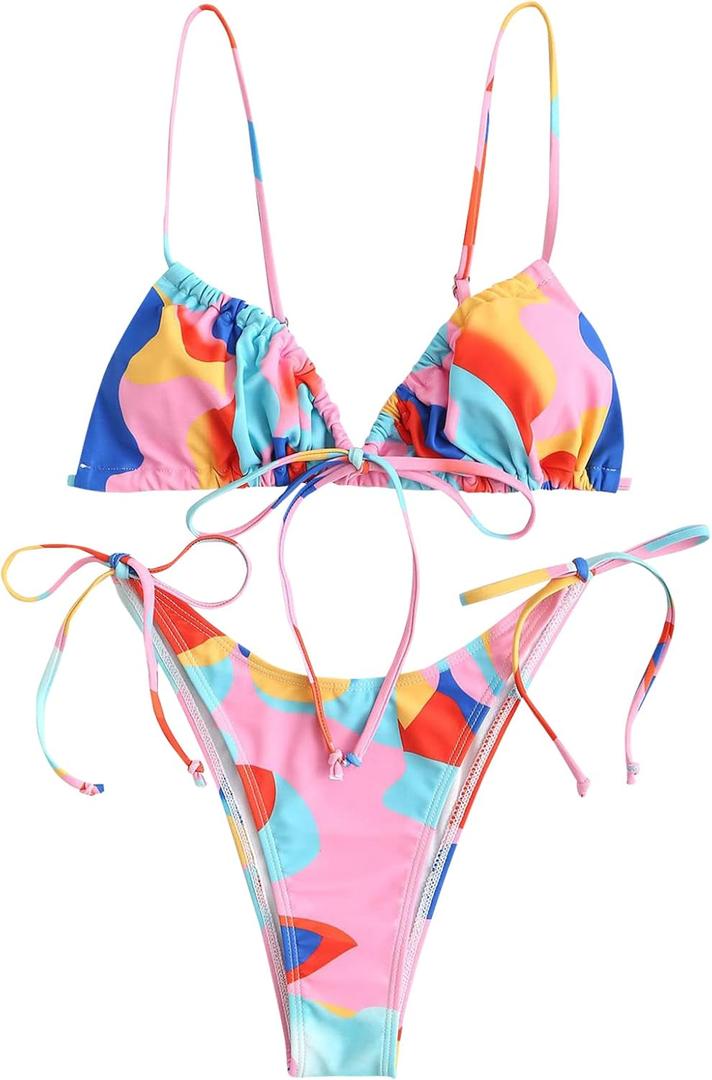 ZAFUL Womens High Cut Thong Bikini Set Swimsuits Cami String Sexy Bathing Suit (Small, 82_pink)