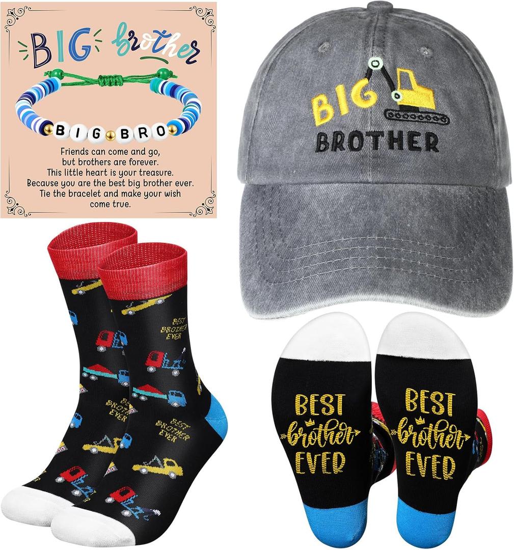 3 Pcs Big Brother Gifts for Boys Bracelet Baseball Caps and Sock for Birthday Gift