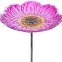 MUMTOP Glass Bird Baths for Outdoors, 12 Inch Bird Bath Bowl with Metal Stake Sunflower Bird Feeders for Garden and Patio Decor (Pink)