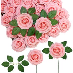 Winlyn 50 pcs Real Touch Blush Pink Roses with Stems & Silk Leaves - Bulk Artificial Flowers for Weddings Centerpieces Floral Arrangements Party Decorations Baby Showers Birthday Anniversaries Crafts