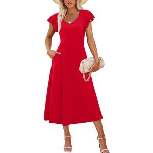 SAMPEEL Summer Dresses for Women 2025 Midi Maxi Dress Elegant Classy Ruffle Sleeve Tie Back Scoop Neck (Small, Red) SAMPEEL Summer Dresses for Women 2025 Midi Maxi Dress Elegant Classy Ruffle Sleeve Tie Back Scoop Neck (Small, Red)