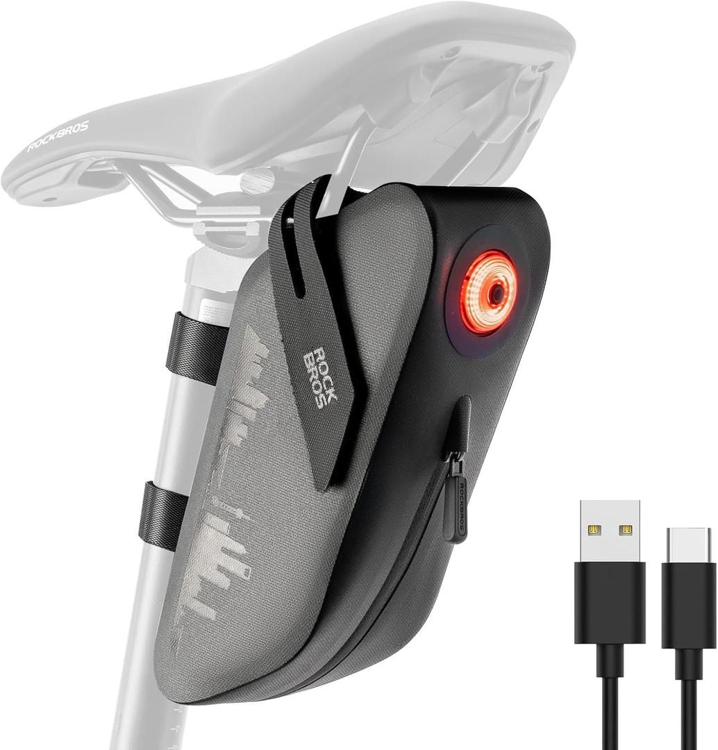 ROCKBROS Bike Saddle Bag with Smart Tail Light,0.8L Waterproof & Resistant Bike Bag Under Seat,Reflective Bike Seat Bag and 3 Magic Straps for Road & Mountain Bikes