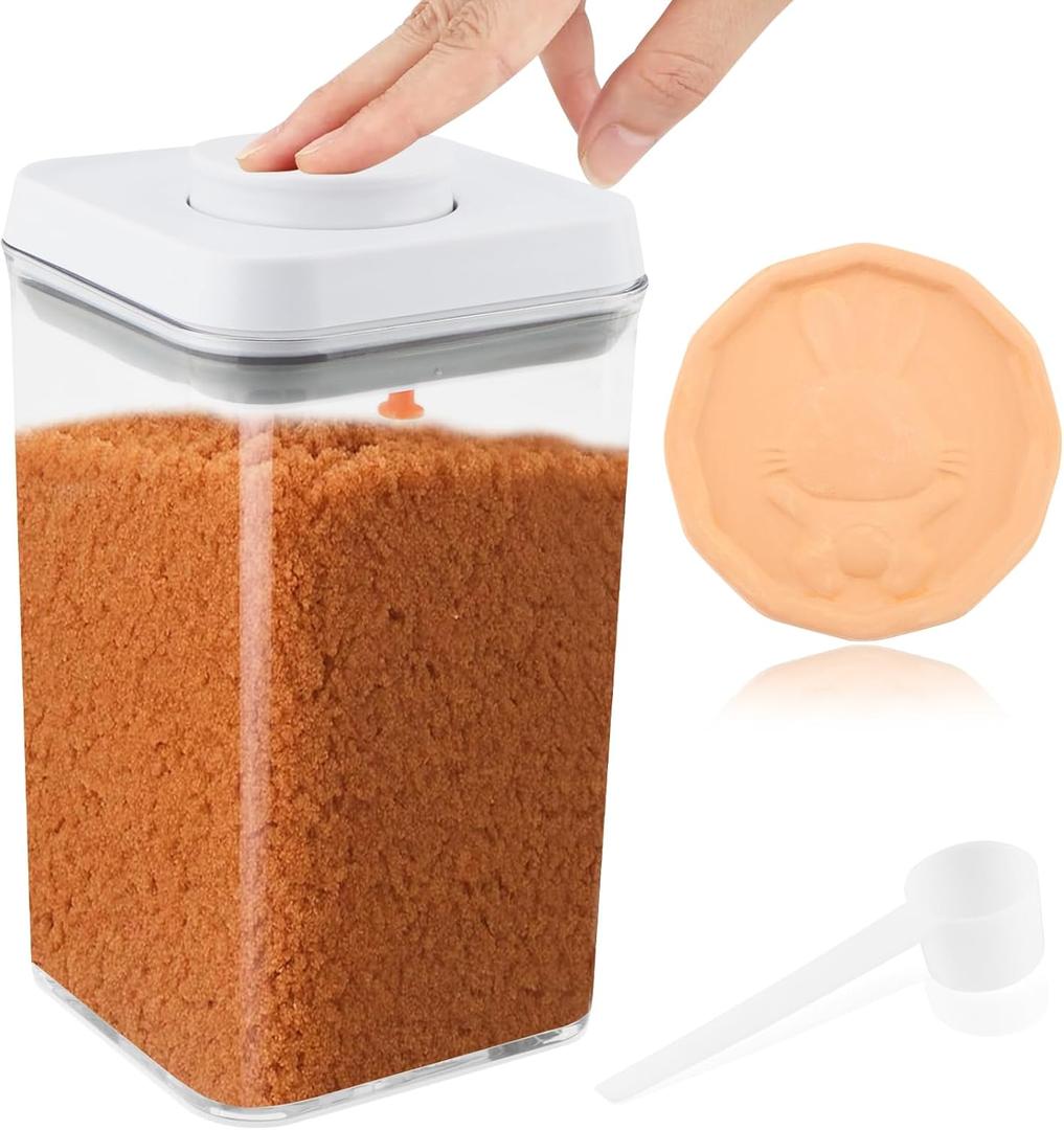Brown Sugar Container Airtight with 1 moisturizing clay tablet & 1 Spoon, 1.5L/1.36QT Clear Brown Sugar Keeper Container for Kitchen Organization(COLOR:White)