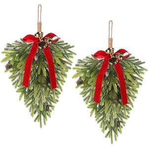 RoseCraft 2PCS Christmas Decorations, Artificial Front Door Christmas Wreaths, Hanging Bell Bow Decorations, for Fireplace Home Holiday Wall Party Xmas Decor