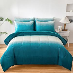 Anibedding Teal Comforter Set Queen 7 Pieces Gradient Teal Bed in a Bag Queen Size Set, All Season Down Alternative Complete Bedding Set Flat/Fitted Sheet, Pillowcases Pillow Shams
