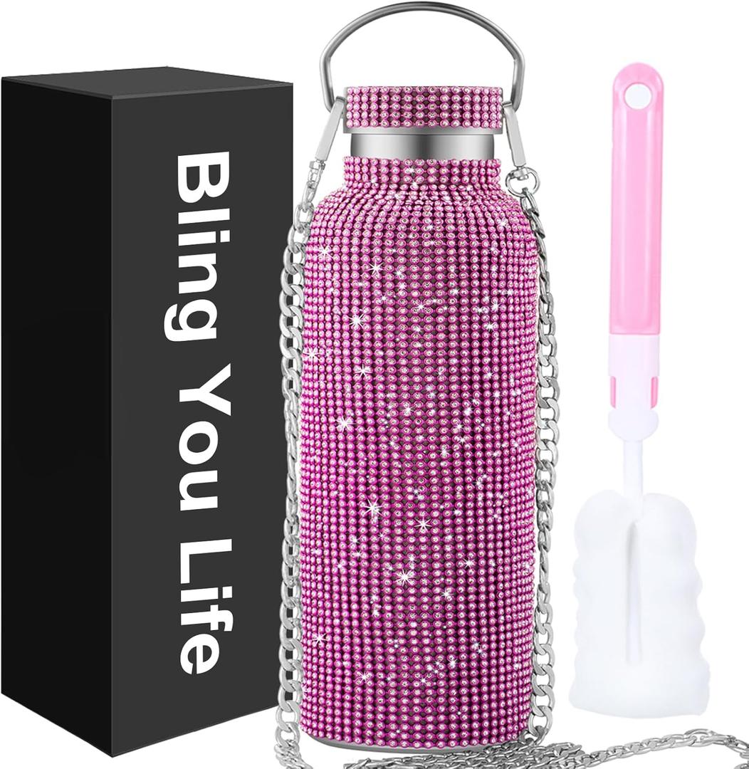 Bling Water Bottle Rhinestone,Diamond Cup,Glitter Stainless Steel Thermal Bottle with 55In Chain,Sparkly Gifts for Girls Women,Rhinestone Tumbler for Anniversary,Birthday(Pink)