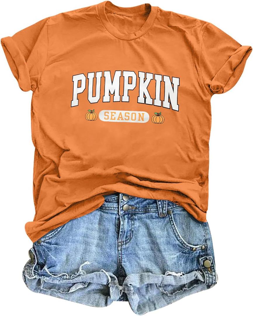 Pumpkin Shirts for Women Cute Thanksgiving Fall Tops Funny Halloween Graphic Tees Autumn Short Sleeve Outfit (Orange, XXL)