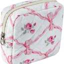 Small Quilted Cotton Makeup Bag for Purse, Cosmetic Bag with Compartments, Cotton Aesthetic Makeup Bag, Travel Toiletry Pouch, Key Pocket Lipstick Bag Card Holder Data Cable Organizer (04Pink Bow)