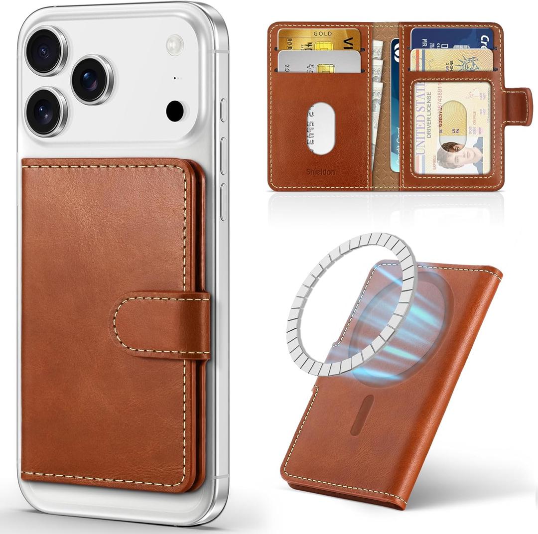 SHIELDON for MagSafe Wallet Genuine Leather Strong Magnetic Card Holder, Slim RFID Blocking 6 Card Slots Compatible with iPhone 17/16/15/14/13/12 Series & Magnetic Case Men Women - Retro Brown