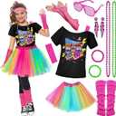 Tacobear 14Pcs Kids 80s Costume 5T-14 Accessories Set Halloween Party Fancy Outfits Cosplay 1980s Theme Retro Hop Hip Girls, Size Kids M