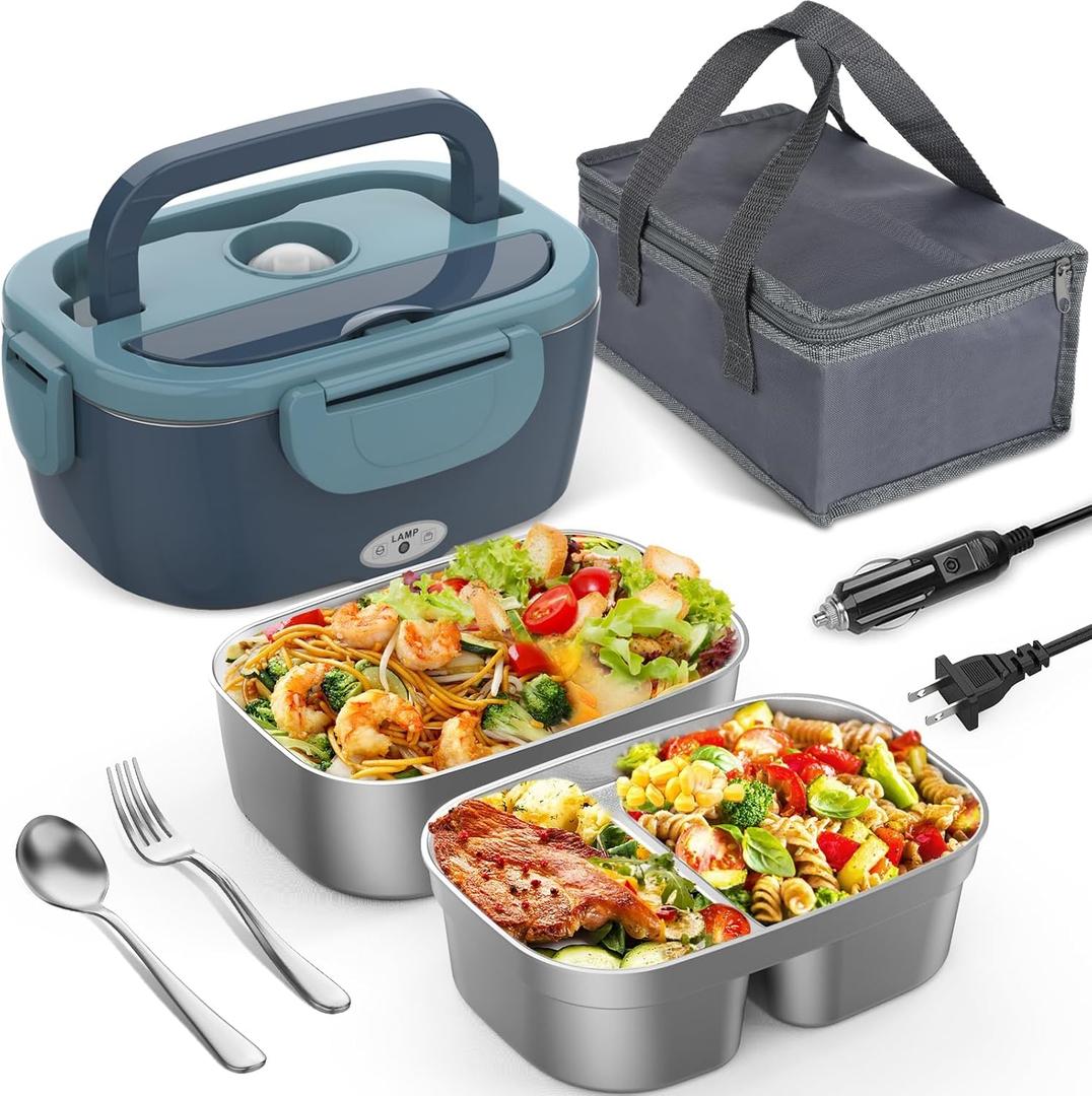 Electric Lunch Box for Men/Women 80W Heated Lunch Box for Adults, 12V 24V 110V 220V Portable Food Warmer LunchBox Lonchera Elctrica Porttil with 2 Stainless Steel Containers Christmas Gift
