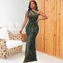 Cololura Women Sequin Elegant Sexy One Shoulder Tassel Mermaid Bodycon Cocktail Evening Dress (Green, XL)