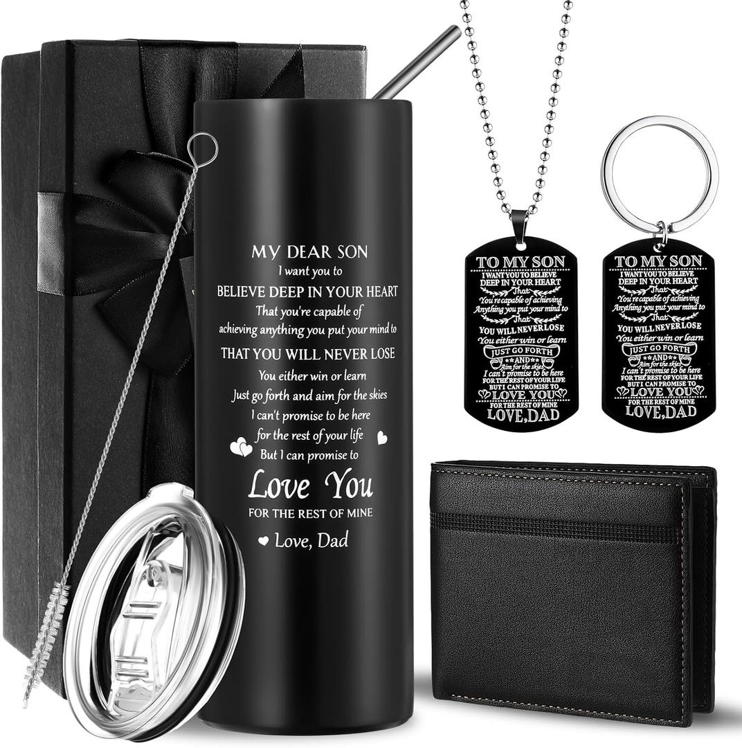 Maxcheck 4 Pcs Back to School Gifts for My Son Inspirational Gifts Box from Dad 20oz Stainless Steel Tumbler with Straws Wallet Dog Tag Necklaces Keychains Birthday Graduation Gift(Gift From Dad)