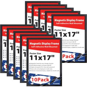 11"x 17" Self-Adhesive Magnetic Display Frame, Double Sided Window Magnetic Sign Holder with Clear PVC and Magnetic stripe Frame for Home/Office/Wall/Door/Glass/Poster Display (Black, 10Pack)