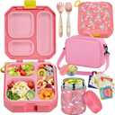 wiwens Bento Lunch Box for Kids with 12oz Soup Thermo Leak-Proof Lunch Food Container with 5 Compartment Thermo Hot Food Jar and Insulated Lunch Bag for Kid Toddler Girls Boys to School (Pink1)