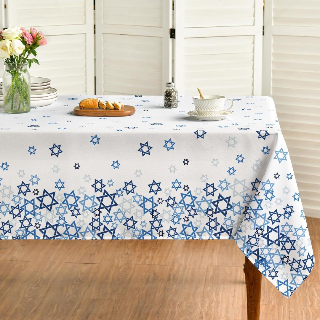 Horaldaily Hanukkah Tablecloth 60×104 Inch Rectangular, Jewish Chanukah White Table Cloth, Star Pattern, Decorative Table Cover for Party Picnic Dinner Decor