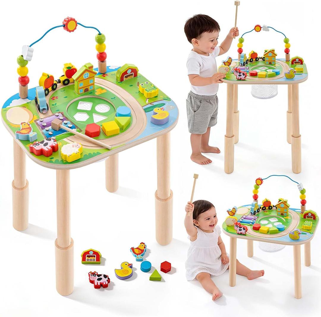 Activity Table for 1 Year Old with Two Height Levels,Wooden Sensory Play Table for Toddlers 1-3,8 in 1 Montessori Learning Toy with Bead Maze, Shape Sorter & Train,Gift for Baby Boys Girls (Farm)