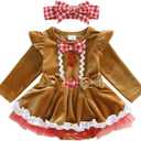 Infant Baby Girl Christmas Outfit Gingerbread Man Costume Long Sleeve Bowknot Lace Trim Velvet Romper Dress (3-6 Months, Brown)