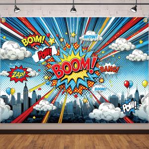 Cartoon Hero Birthday Backdrop 7x5ft Comic Skyline Buildings Cityscape Background for Super City Hero Theme Birthday Party Decoration