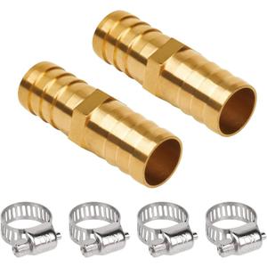 3/4" Barb Fitting, Brass Hose Barb Union Splicer, Heavy-Duty and Leak-Free Hose Repair Kit for Air, Water, Fuel Line, 4 Stainless Steel Clamps Included, 2 Pack