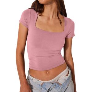 Womens Square Neck Short Sleeve Crop Tops Double Layer Tight T Shirts Cropped Basic Tee (Large, Pink)