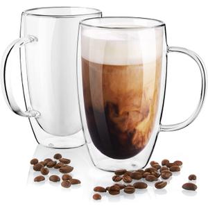 Bivvclaz Double Wall Glass Coffee Mugs Set of 2, 16 oz Insulated Coffee Mug with Handle, Clear Borosilicate Glass Coffee Cups for Cappuccino, Tea, Lightweight and Microwave Safe