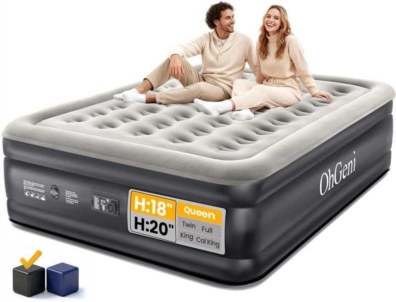 OhGeni Queen Air Mattress with Built in Pump, Inflatable Mattress Blow Up Bed 18 Raised Comfort,Upgraded Surface Portable Mattress, Air Bed for Camping, Home and Guest, Colchone Inflable, 650 lbs Max