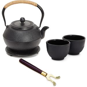 Juvale Cast Iron Teapot  1200 mL, Black, 2 Cups  Japanese Tea Set with Stainless Steel Infuser & Stovetop Kettle for Loose Leaf Tea