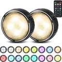 Battery Operated Puck Lights with Remote LED Under Cabinet Lighting Wireless Stick on Lights Color Changing Timer Tap Lights for Cabinets Shelves Closets Display Case - 2Pack Black
